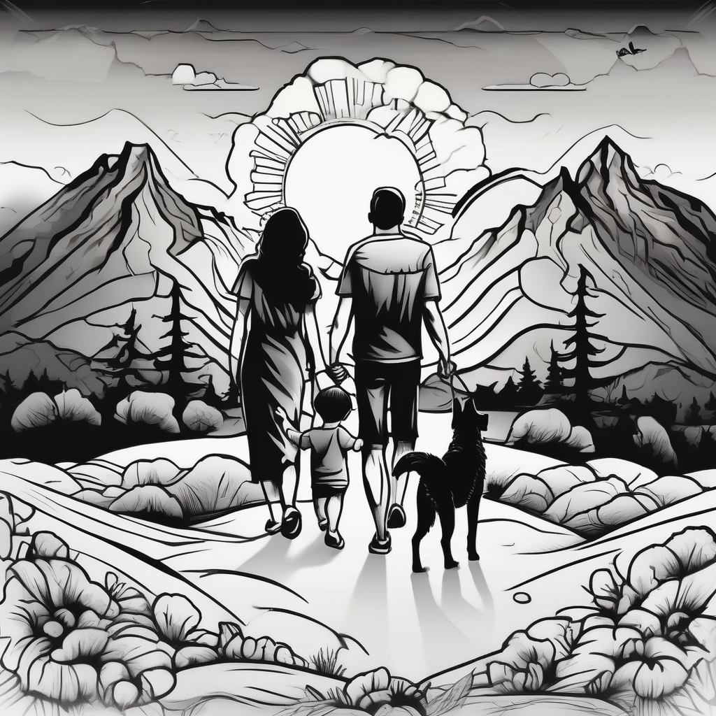 Family 2 parents, 1 baby boy in his mother’s arms, one 3-year girl holding the hand of the father and the mother and one black dog walking through the the sunset and mountains foo-dog, diseño de tatuaje Boceto generado con IA