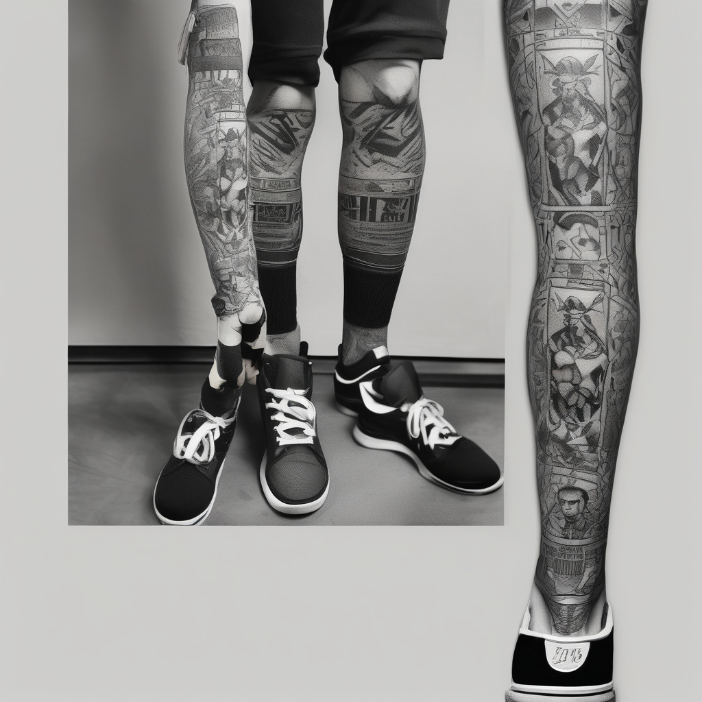 Eminem and snoop dog full leg sleeve foo-dog, diseño de tatuaje Blackwork generado con IA