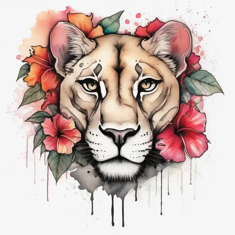 watercolor style Sun Tattoo Designs and Meanings about Women lion with hibiscus flowers with moon and sun something inspirational and meaning for the forearm foot-for-women and Women lion with hibiscus flowers with moon and sun something inspirational and meaning for the forearm foot-for-women