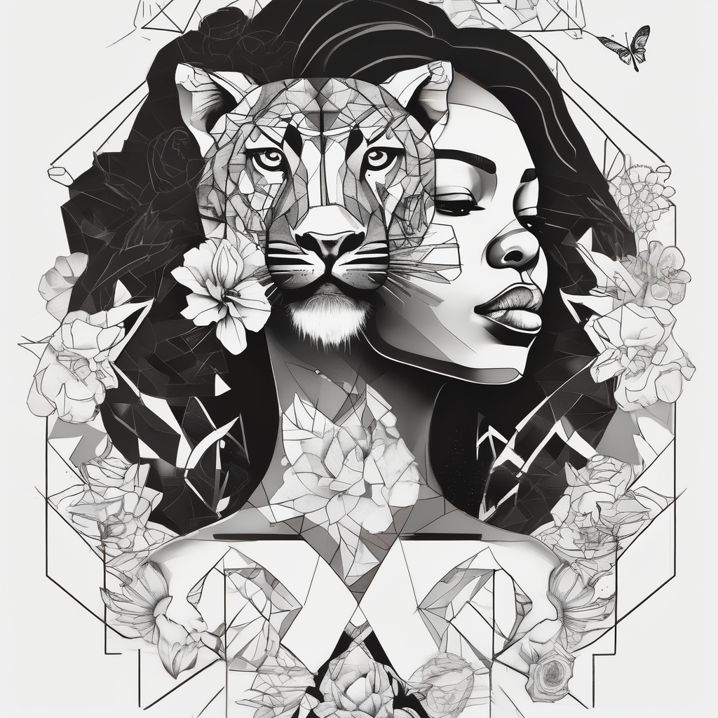 Black women body with a lion, flowers and butterflies foot-for-women, diseño de tatuaje Geométrico generado con IA