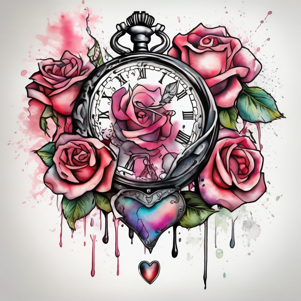 The name Jaylah With Roses and Foot Print and Pocket watch shaped like a Heart on forearm foot-for-women, AI-generated Watercolor tattoo design