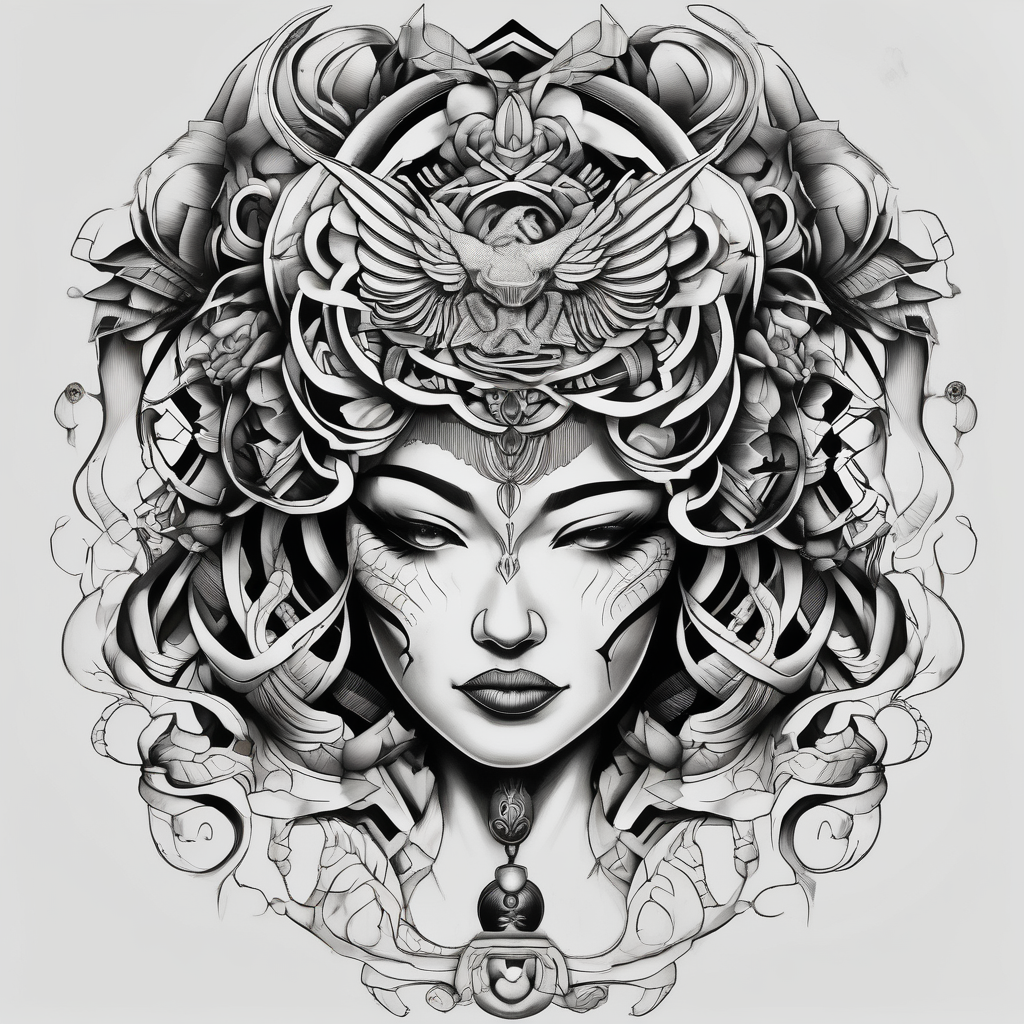Thigh tattoo of a Powerful women face, motherhood, thunderbird, medical, psychology foot-for-women, AI-generated Japanese tattoo design