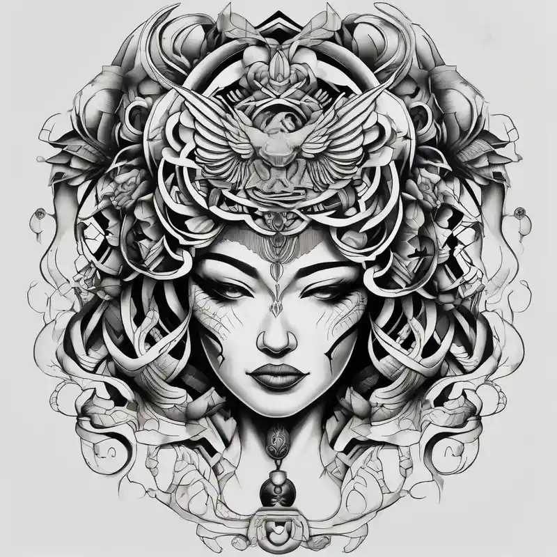 Thigh tattoo of a Powerful women face, motherhood, thunderbird, medical, psychology – Japanese, Black and white