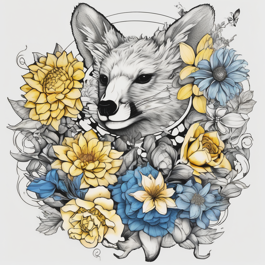It will be a matching tattoo for 4 women. Our favorite flowers are yellow roses, lillies, blue daisies, and dahlias. Our favorite animals are koala, cat, turtle, and fox. foot-for-women, diseño de tatuaje Boceto generado con IA