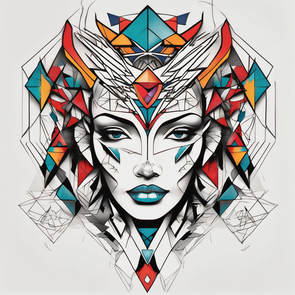 Thigh tattoo of a Powerful women face, motherhood, thunderbird, medical, psychology foot-for-women, AI-generated Geometric tattoo design
