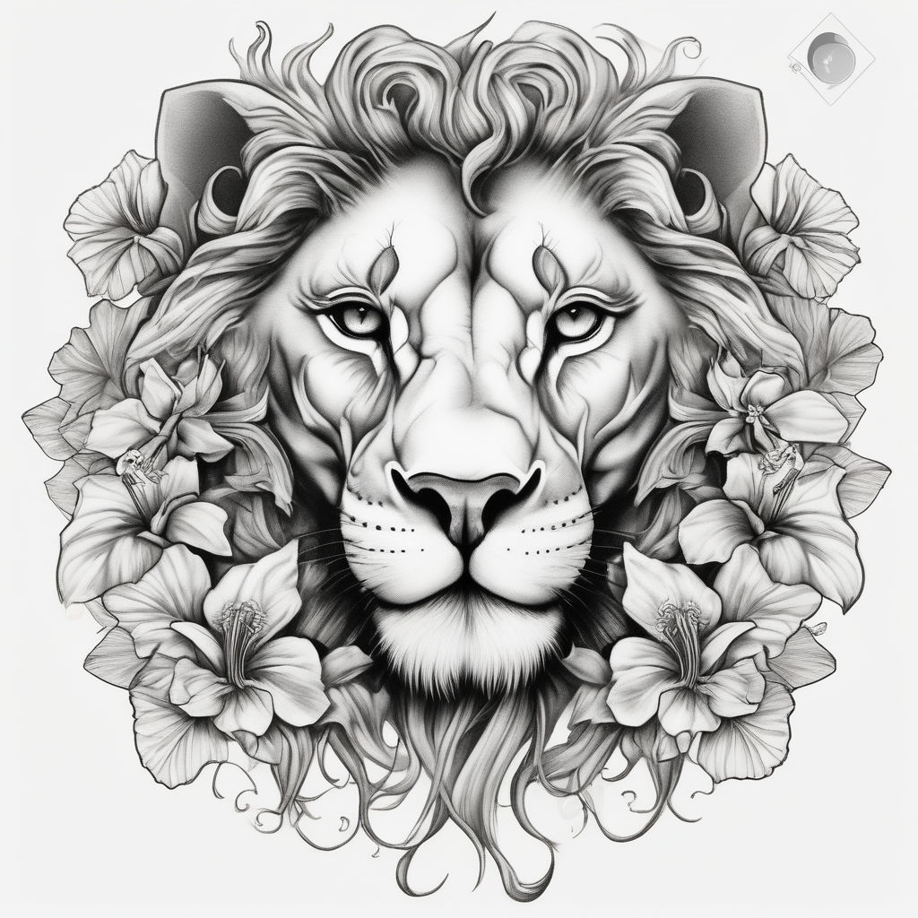 Women lion with hibiscus flowers with moon and sun something inspirational and meaning for the forearm foot-for-women, diseño de tatuaje Realista generado con IA