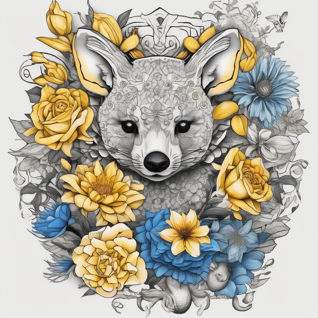It will be a matching tattoo for 4 women. Our favorite flowers are yellow roses, lillies, blue daisies, and dahlias. Our favorite animals are koala, cat, turtle, and fox. foot-for-women, diseño de tatuaje Dotwork generado con IA