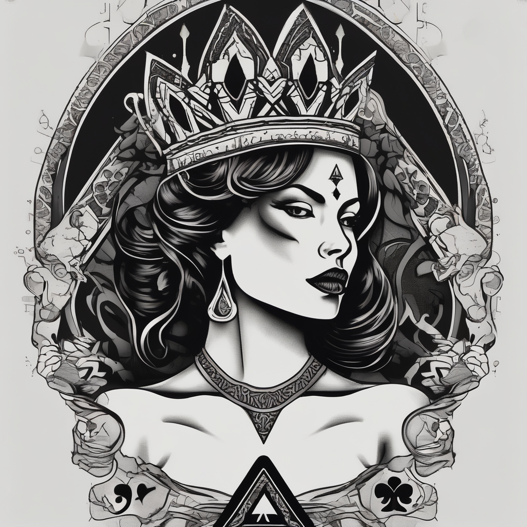 queen of spades,women body,word,simple foot-for-women, AI-generated Blackwork tattoo design