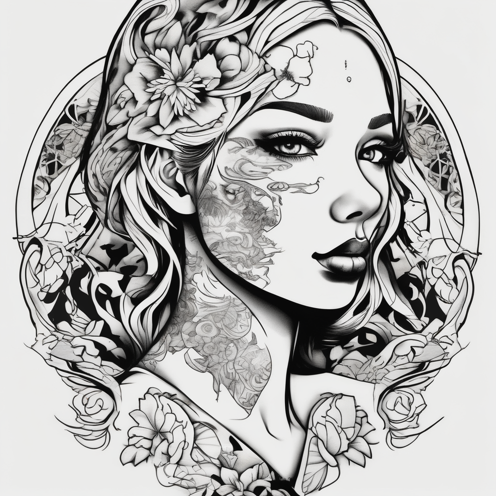 A face where one side is a blonde, freckled girl amd the other half is a black labrador freckles, design de tatouage Japonais généré par IA