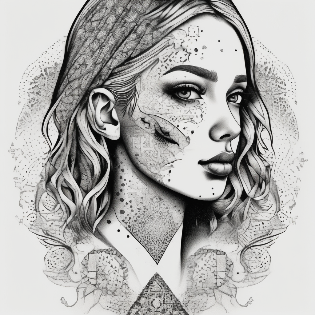 A face where one side is a blonde, freckled girl amd the other half is a black labrador freckles, design de tatouage Dotwork généré par IA
