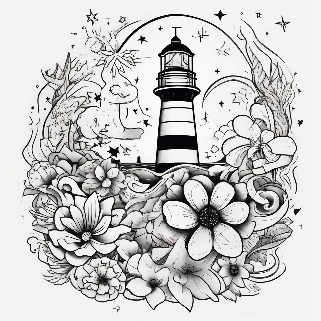 Flowers Galaxy Ocean Stars Lighthouse, AI-generated Cartoon tattoo design
