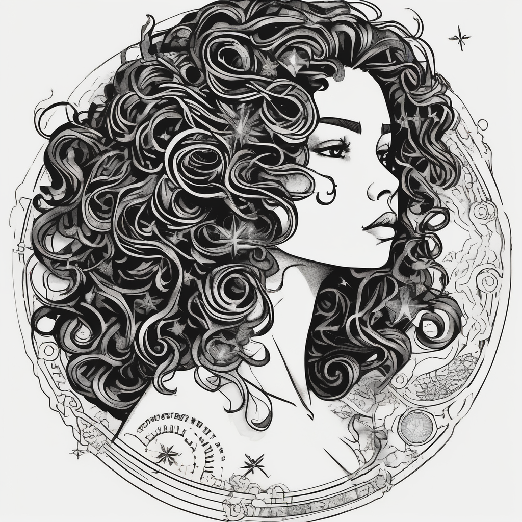 A shadow of a woman's head with long curly hair like Merida from Brave movie and her hair is made of stars planets and galaxies. Just the shadow of the woman no face galaxy, AI-generated Japanese tattoo design