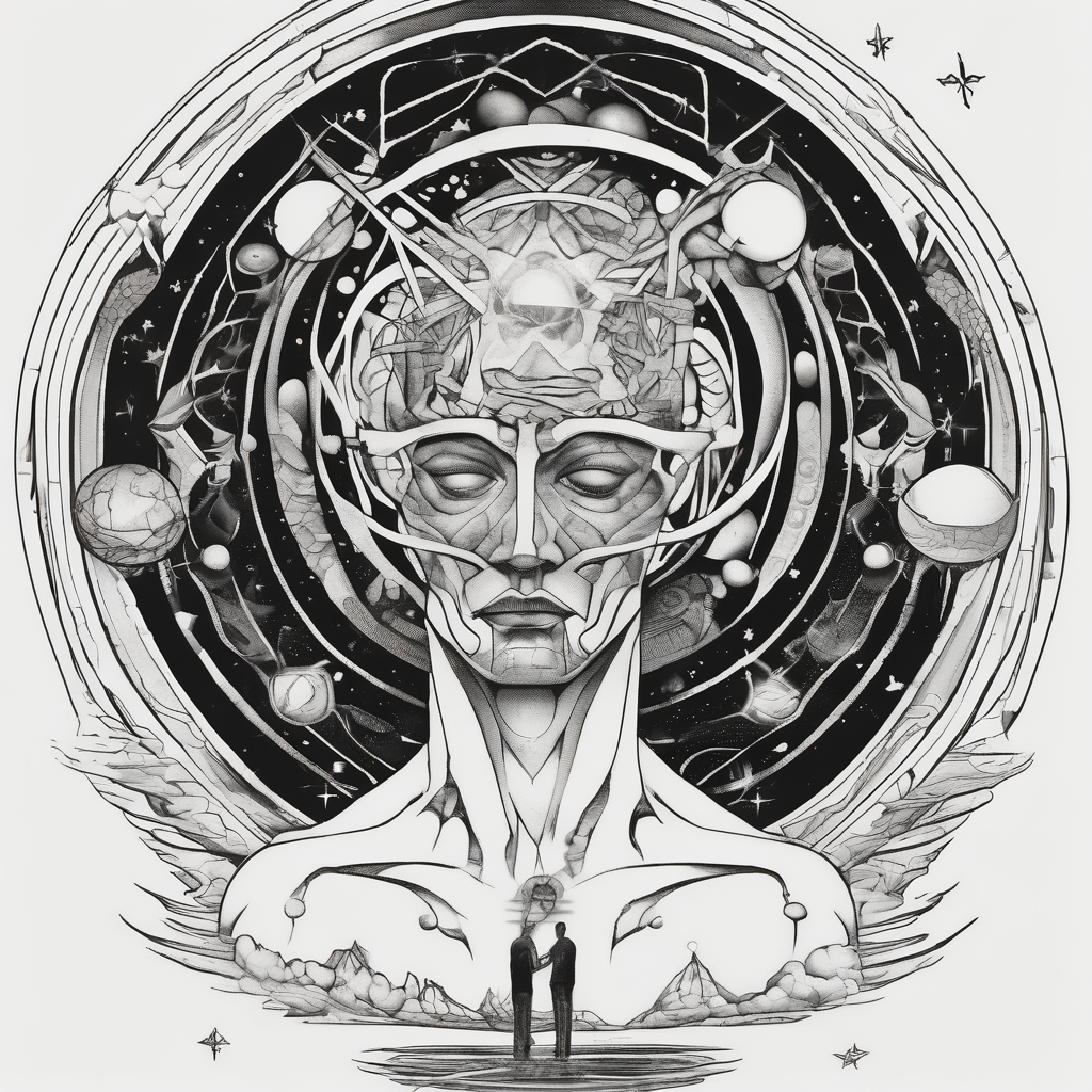 Jehovah looking out at the marvels of his creation from the atoms to the galaxy and celestial beings, diseño de tatuaje Surrealista generado con IA