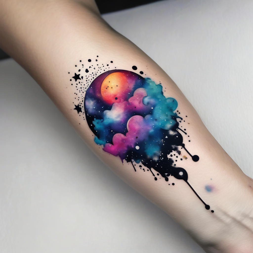A wrist tattoo in a format of a cloud with the bracelet orientation and inside of this cloud I want galaxy stars and planets, AI-generated Watercolor tattoo design