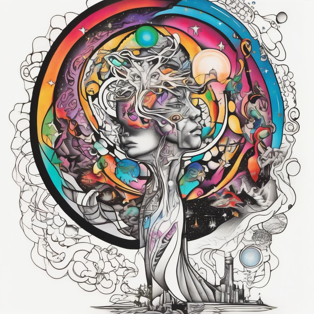Jehovah looking out at the marvels of his creation from the atoms to the galaxy and celestial beings. With grey wash and a fantasy theme, diseño de tatuaje Surrealista generado con IA