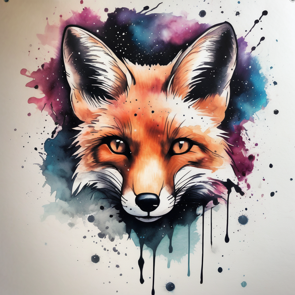 vibrant fox, galaxy, stars, diseño de tatuaje Acuarela generado con IA
