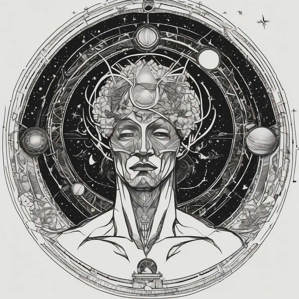 Jehovah looking out at the marvels of his creation from the atoms to the galaxy and celestial beings, diseño de tatuaje Blackwork generado con IA