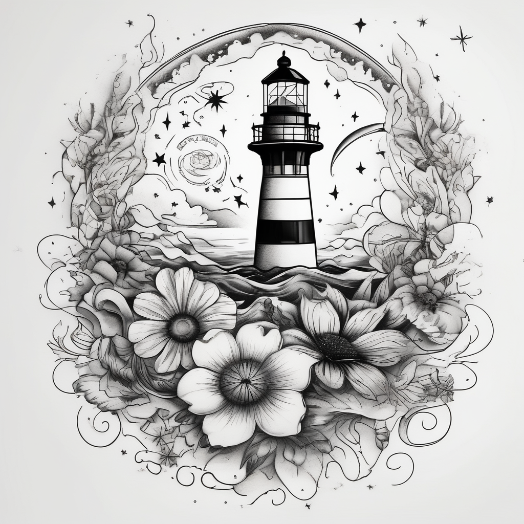 Flowers Galaxy Ocean Stars Lighthouse, AI-generated Surreal tattoo design