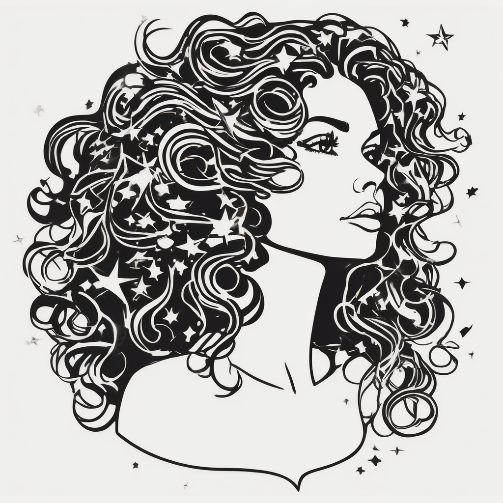 A shadow of a woman's head with long curly hair like Merida from Brave movie and her hair is made of stars planets and galaxies. Just the shadow of the woman no face galaxy, AI-generated Minimalist tattoo design