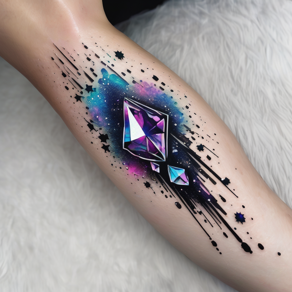Holographic glitter rain wind crystal cluster dazzling sparkle breathtaking wispy galaxy, design de tatouage Réaliste généré par IA