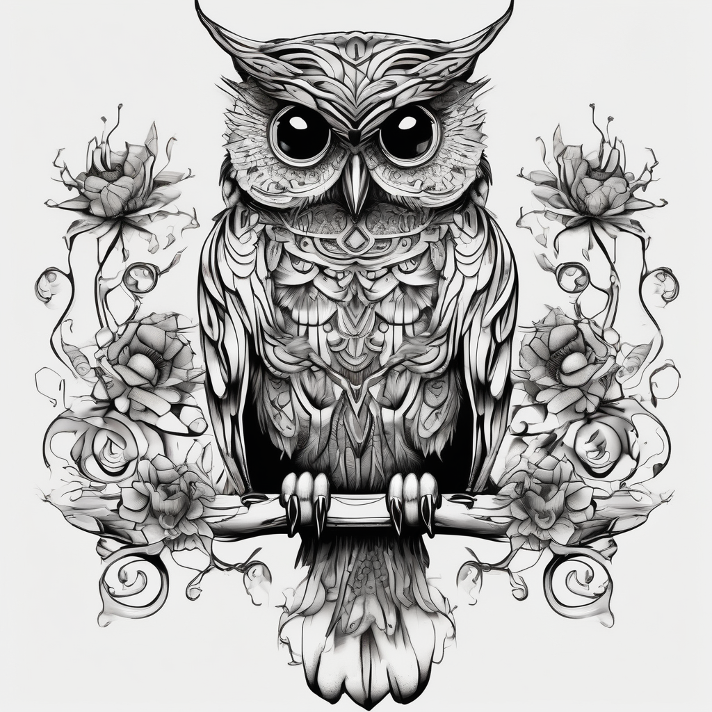 whimsical detailed fantasy owl with flowers with glitter black, sitting on a bed of thorns, muted colors. intricate extremely detailed hyperdetailed Diego Gisbert Llorens fantasy(AIが生成したカートゥーンスタイルのタトゥーデザイン)