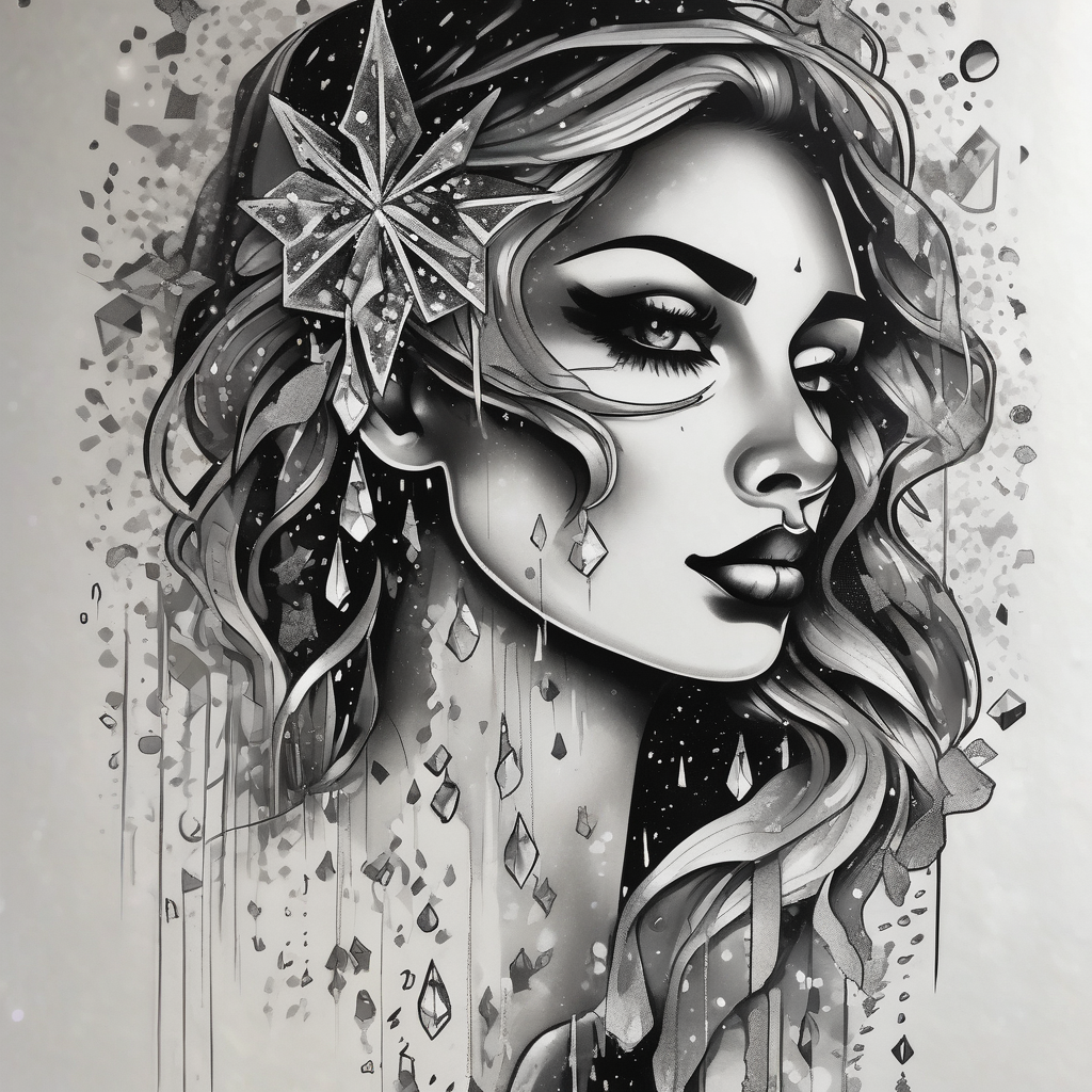 Holographic glitter rain wind crystal cluster dazzling sparkle breathtaking wispy galaxy, design de tatouage Noir et blanc généré par IA