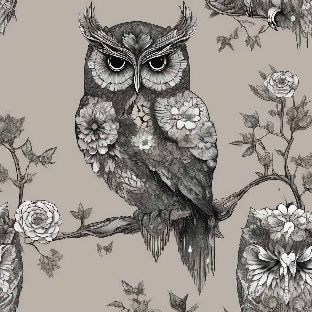 whimsical detailed fantasy owl with flowers with glitter black, sitting on a bed of thorns, muted colors. intricate extremely detailed hyperdetailed Diego Gisbert Llorens fantasy, diseño de tatuaje Realista generado con IA