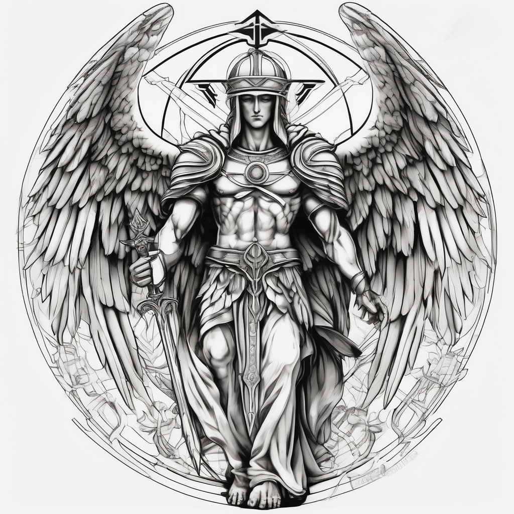 Holy Archangel, Biblical, Christianity, Hebrew, Guards of Christianity, Holding a sword, having six wings, wearing helmet, halo, seraphim, seek justice, walk only with God god-is-greater-than-the-highs-and-lows(AIが生成したシュルレアリスムスタイルのタトゥーデザイン)