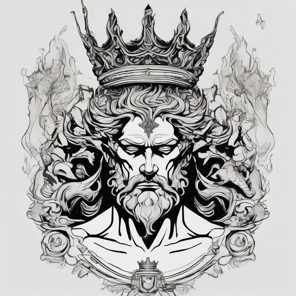 Hades Greek god with crown god-is-greater-than-the-highs-and-lows(AIが生成したシュルレアリスムスタイルのタトゥーデザイン)
