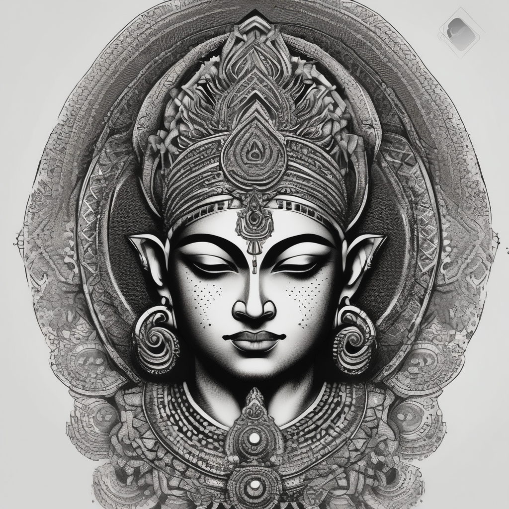 hindu god tattoo that shows strength and is trippy god-is-greater-than-the-highs-and-lows(AIが生成したドットワークスタイルのタトゥーデザイン)