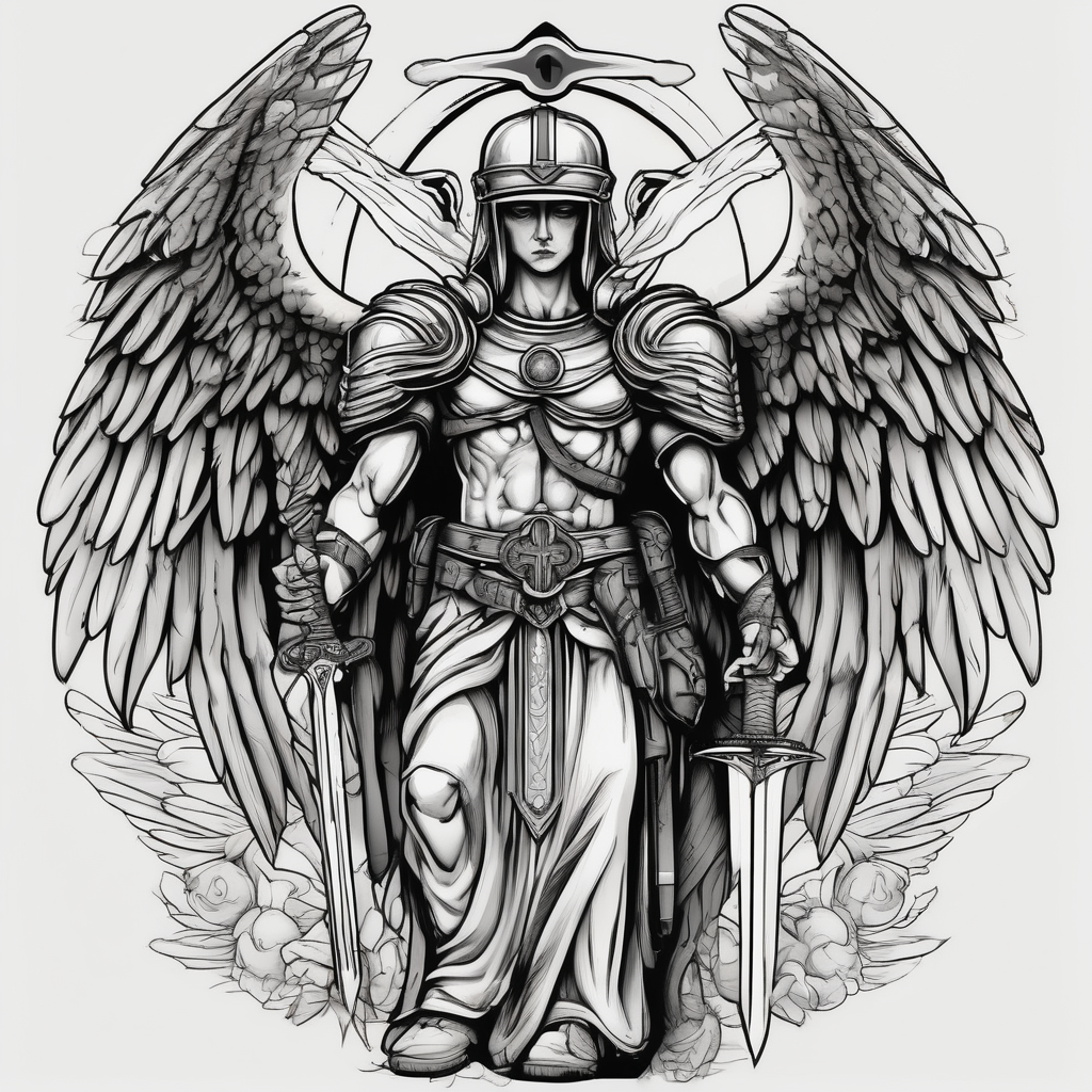 Holy Archangel, Biblical, Christianity, Hebrew, Guards of Christianity, Holding a sword, having six wings, wearing helmet, halo, seraphim, seek justice, walk only with God god-is-greater-than-the-highs-and-lows(AIが生成したオールドスクールスタイルのタトゥーデザイン)