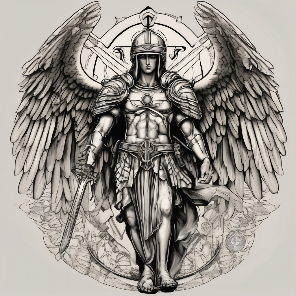 Holy Archangel, Biblical, Christianity, Hebrew, Guards of Christianity, Holding a sword, has six wings, wearing helmet, halo, seraphim, seek justice, walk only with God god-is-greater-than-the-highs-and-lows(AIが生成したスケッチスタイルのタトゥーデザイン)