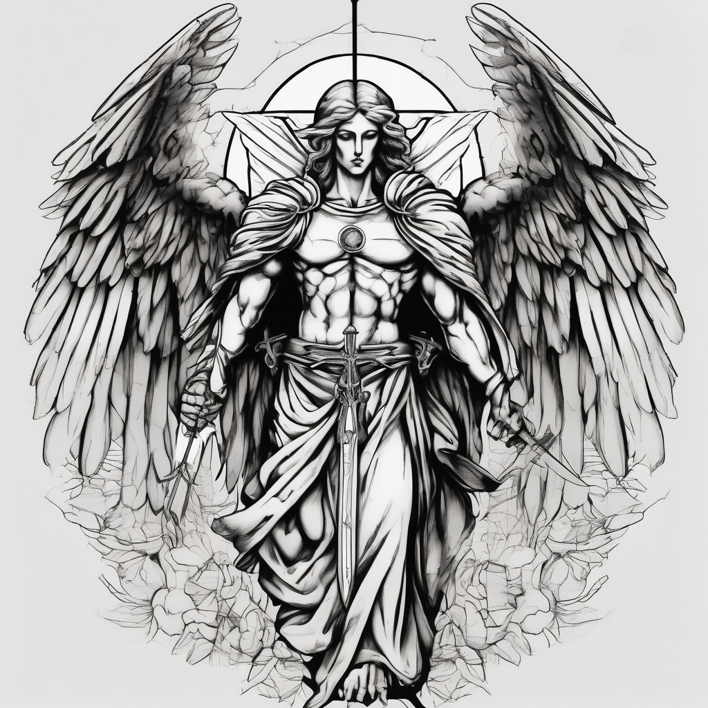 Holy Archangel, Biblical, Christianity, Hebrew, Guards of Christianity, Holding a sword, having six wings, seraphim, seek justice, walk only with God god-is-greater-than-the-highs-and-lows(AIが生成したスケッチスタイルのタトゥーデザイン)
