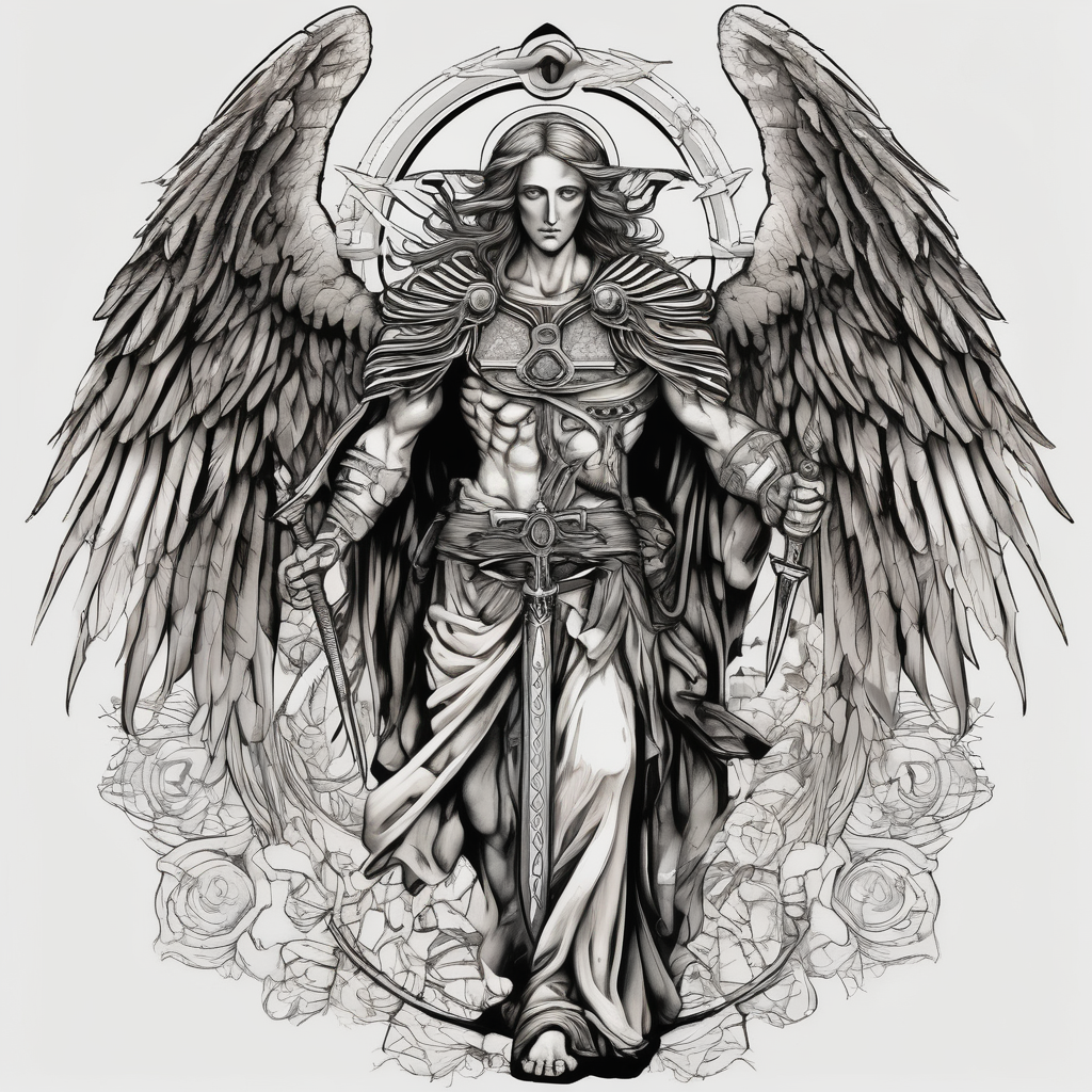 Holy Archangel, Biblical, Christianity, Hebrew, Guards of Christianity, Holding a sword, having six wings, seraphim, seek justice, walk only with God god-is-greater-than-the-highs-and-lows(AIが生成したドットワークスタイルのタトゥーデザイン)