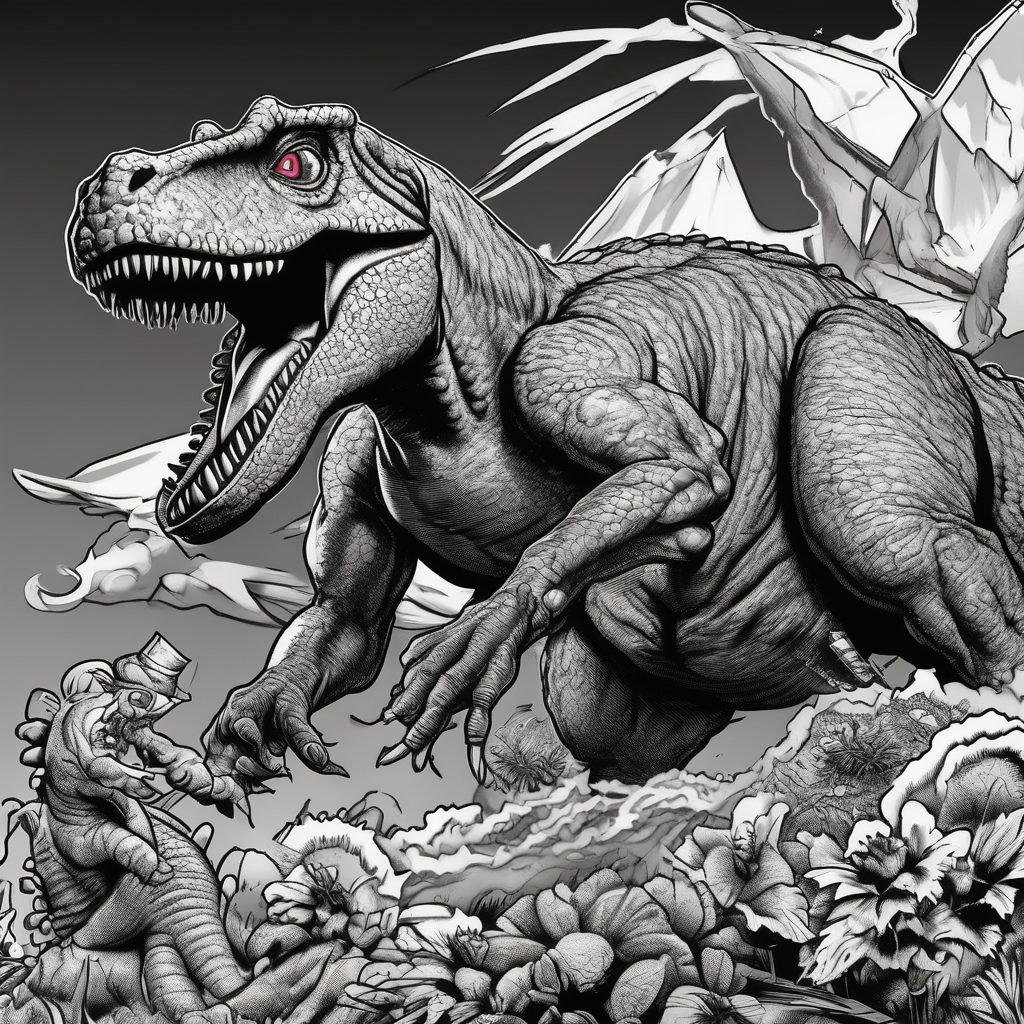 Dorothy the dinosaur vs godzilla, AI-generated Black and White tattoo design
