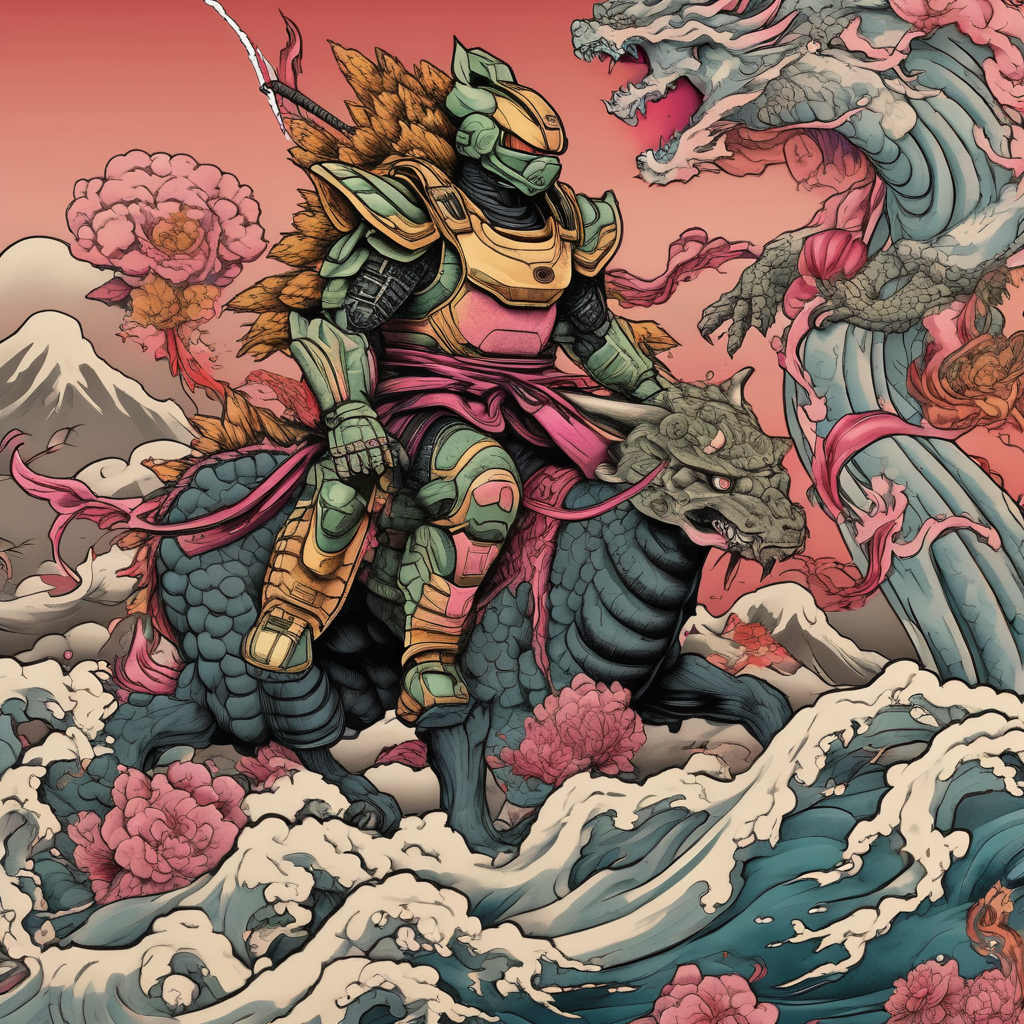 A Japanese styled tattoo depicting Master Chief riding the Nine Tails, while they battle Majin But on top of Godzilla. Everyone is wearing vibrant samurai outfits.(AIが生成した和彫りスタイルのタトゥーデザイン)