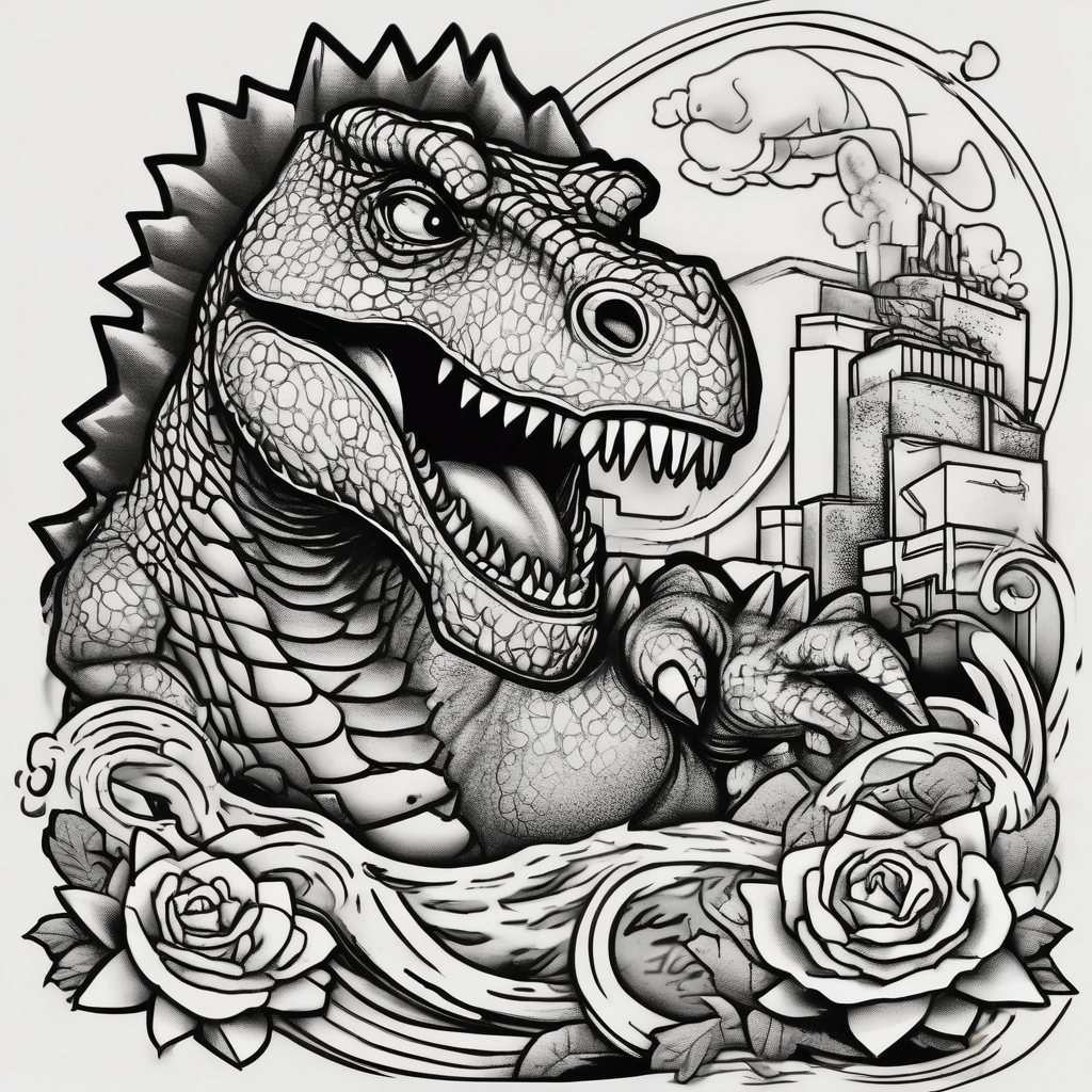 Dorothy the dinosaur vs godzilla, AI-generated Japanese tattoo design
