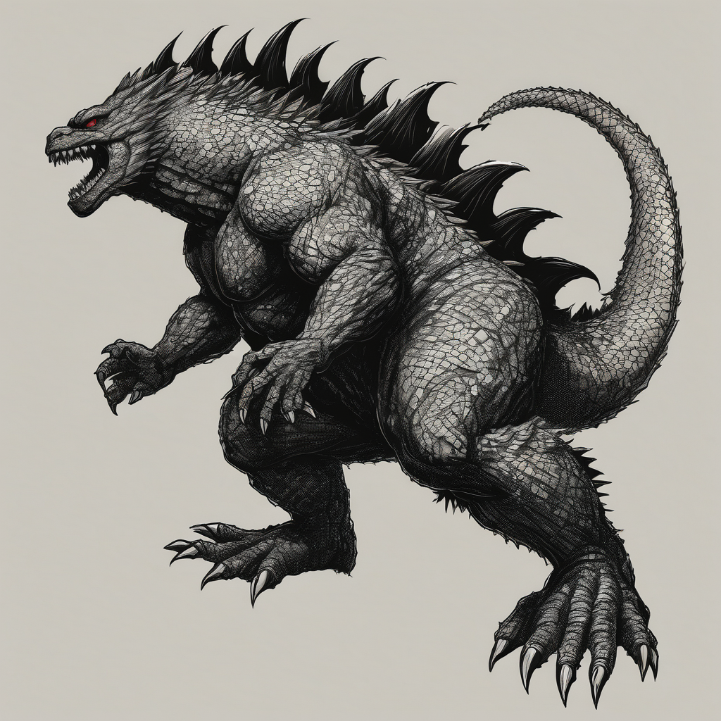 godzilla,full body, roaring, AI-generated Blackwork tattoo design