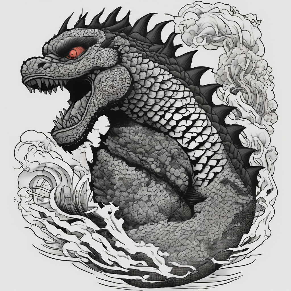 Godzilla and a Koi fish, AI-generated Blackwork tattoo design