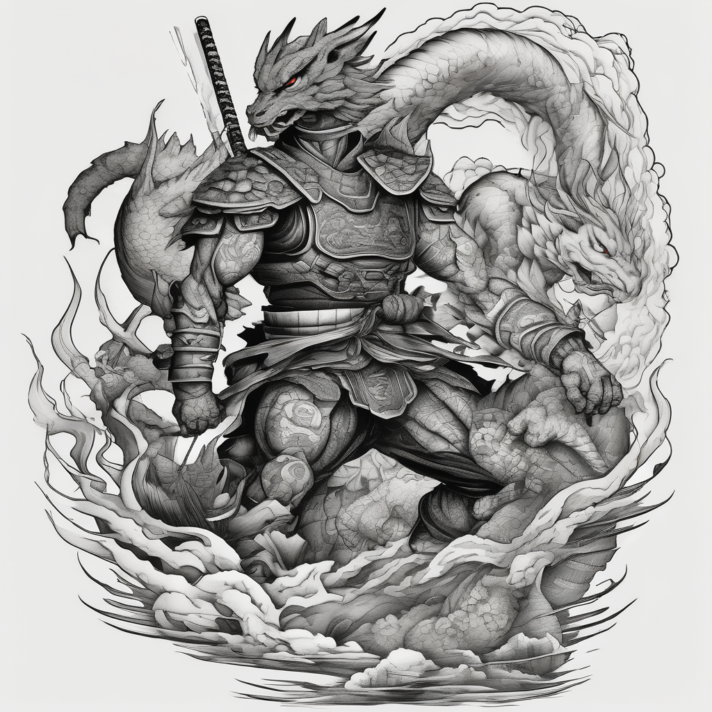 A tattoo depicting a Samurai battle between Master Chief from Halo, Cell from Dragon Ball Z, Nine Tails jinchuriki from Naruto, and Godzilla., diseño de tatuaje Surrealista generado con IA