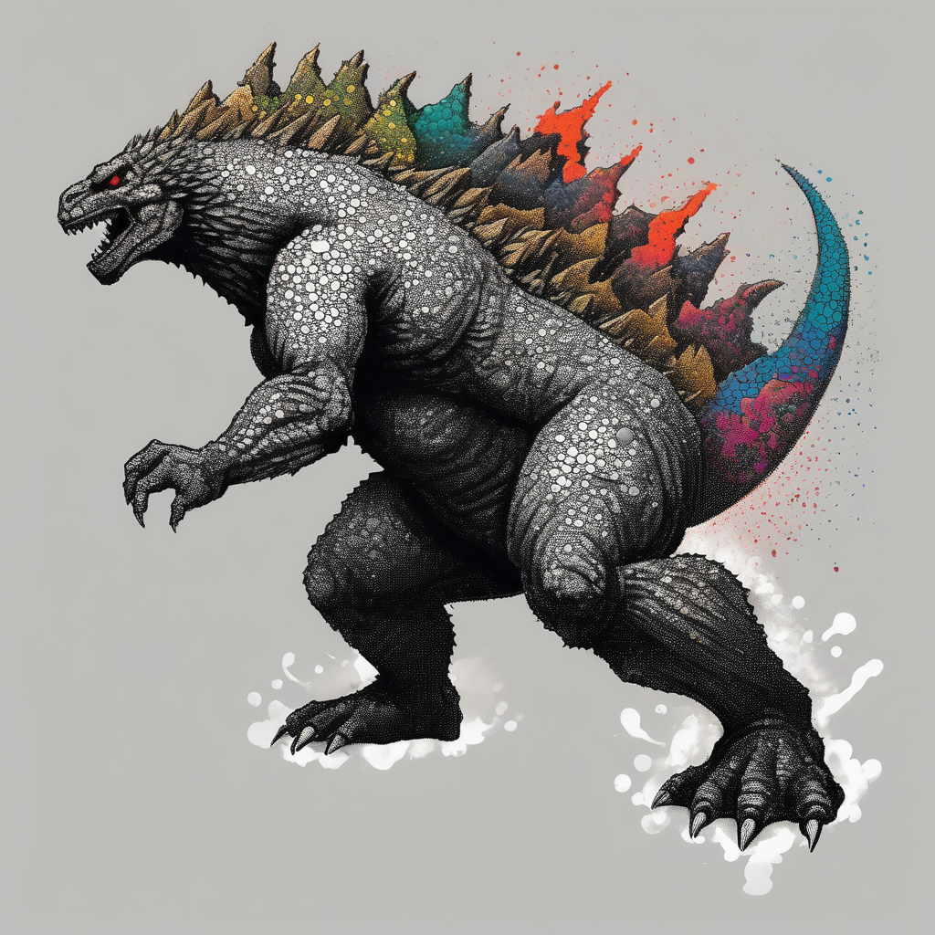 godzilla,full body, roaring, AI-generated Dotwork tattoo design