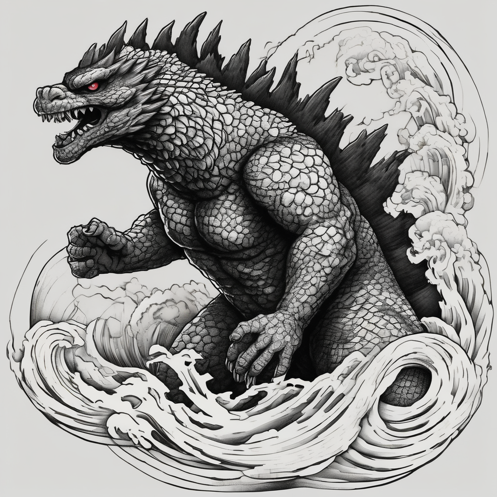 godzilla, full body, roaring, AI-generated Japanese tattoo design