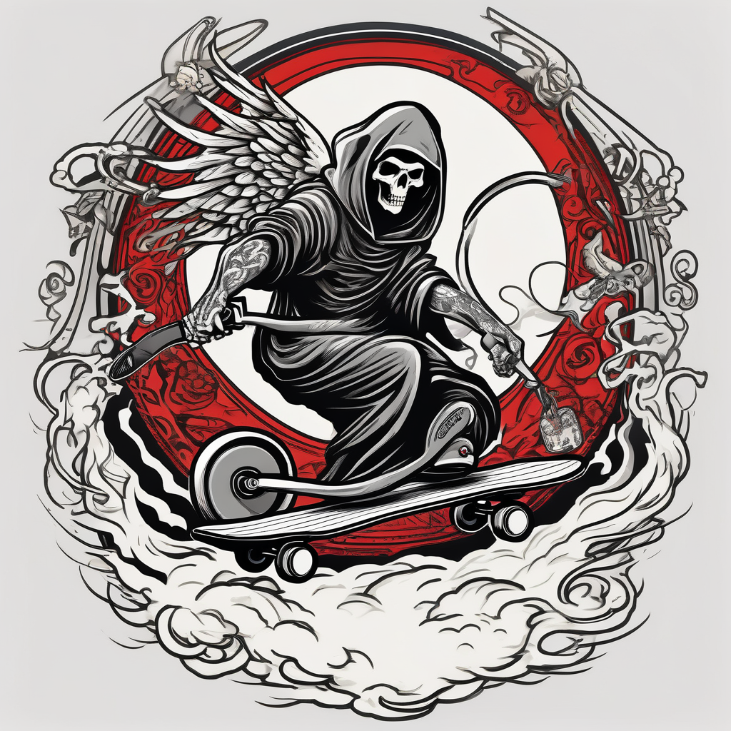 the grim reaper riding a skateboard with an angel halo above his head grim-reaper, design de tatouage Japonais généré par IA