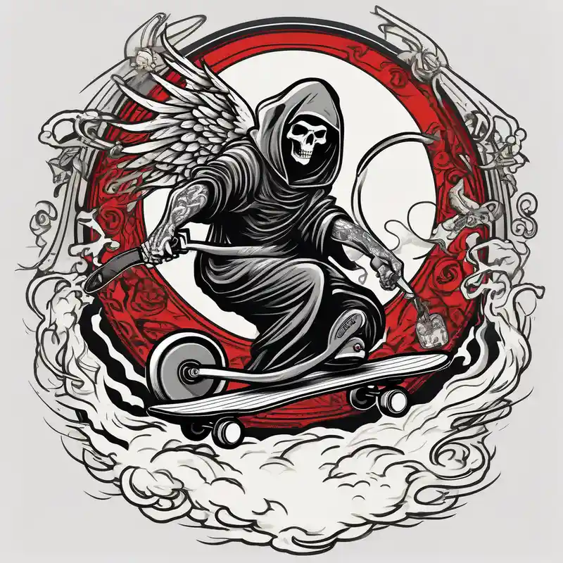the grim reaper riding a skateboard with an angel halo above his head – Japanese, Vibrant color