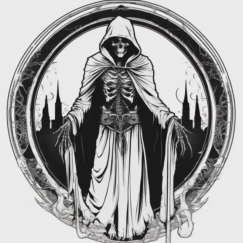full body grim reaper with his hood off and a halo above his head