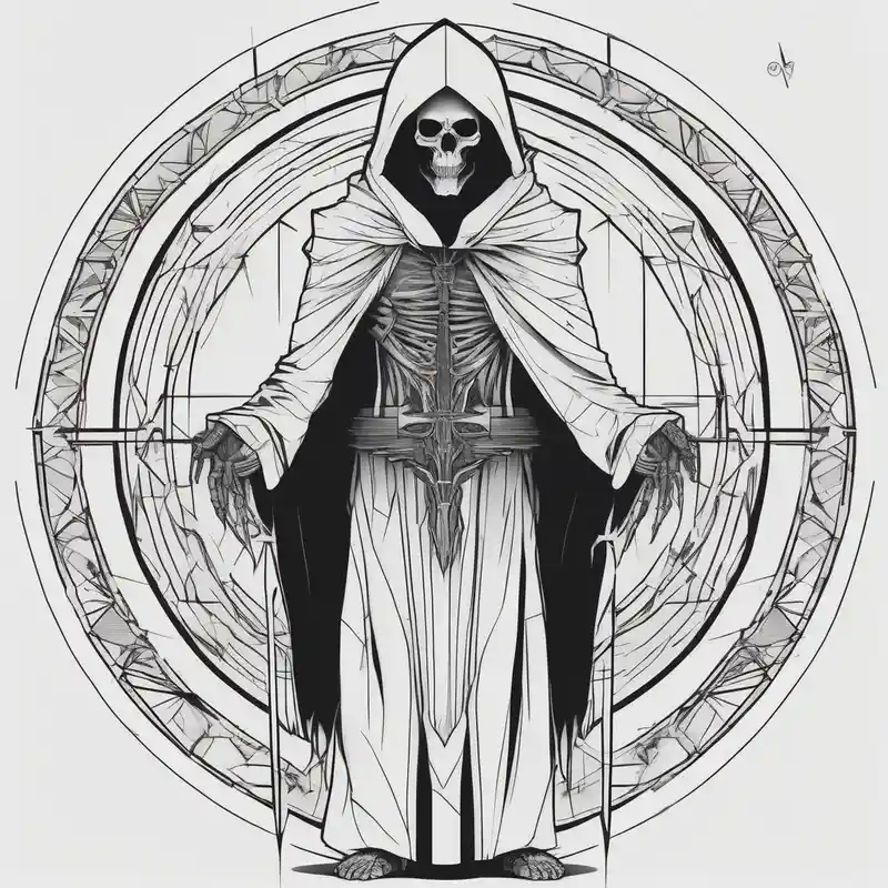 full body grim reaper with his hood off and a halo above his head – Geometric, Black and white