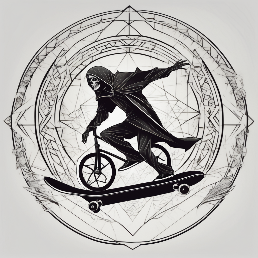 the grim reaper riding a skateboard with an angel halo above his head grim-reaper(AIが生成したジオメトリックスタイルのタトゥーデザイン)