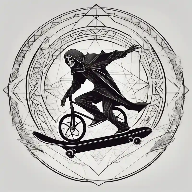 the grim reaper riding a skateboard with an angel halo above his head