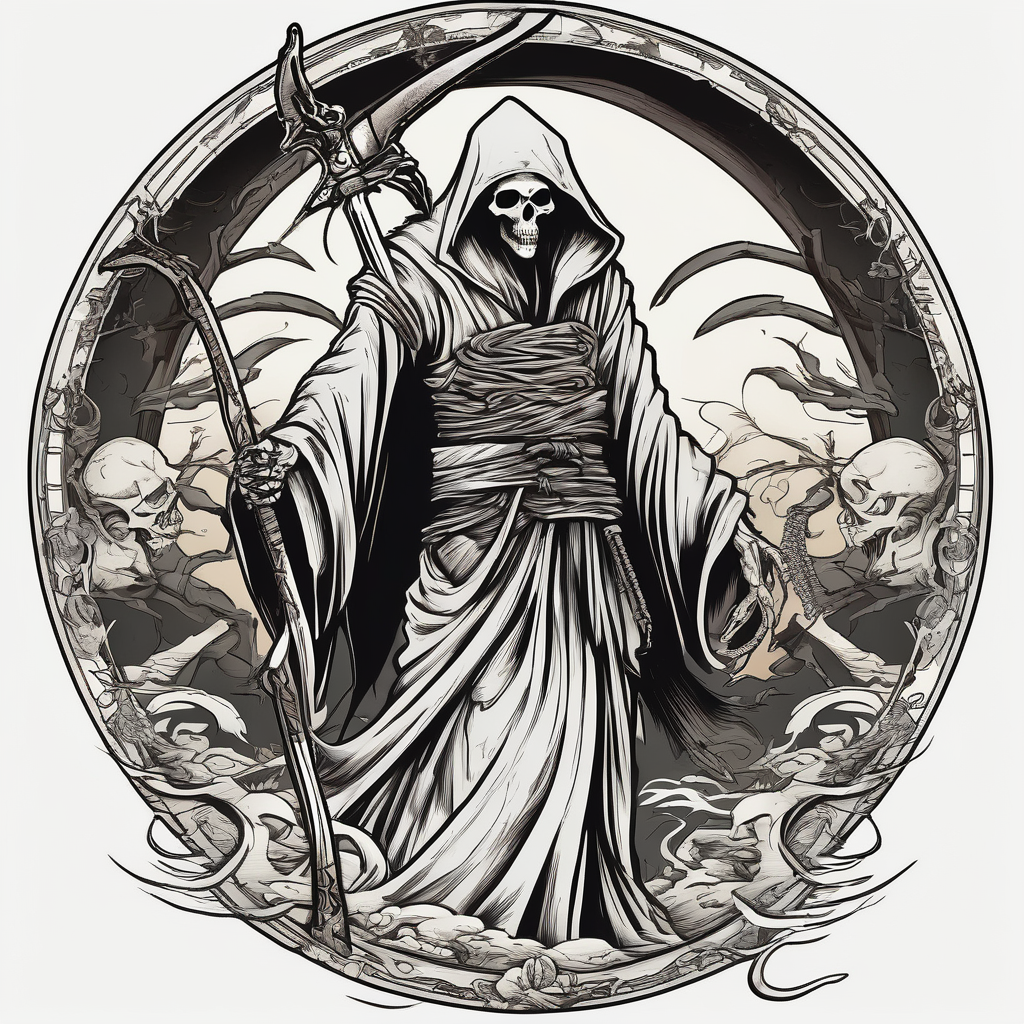 full body grim reaper with his hood off and a halo above his head grim-reaper, AI-generated Japanese tattoo design