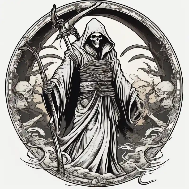 full body grim reaper with his hood off and a halo above his head – Japanese, Black and white